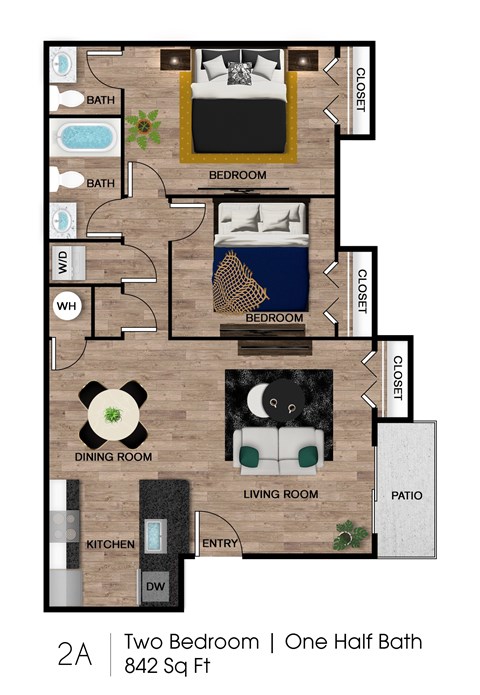 Floor plan for 2 beds, 1.5 baths, 842 sqft